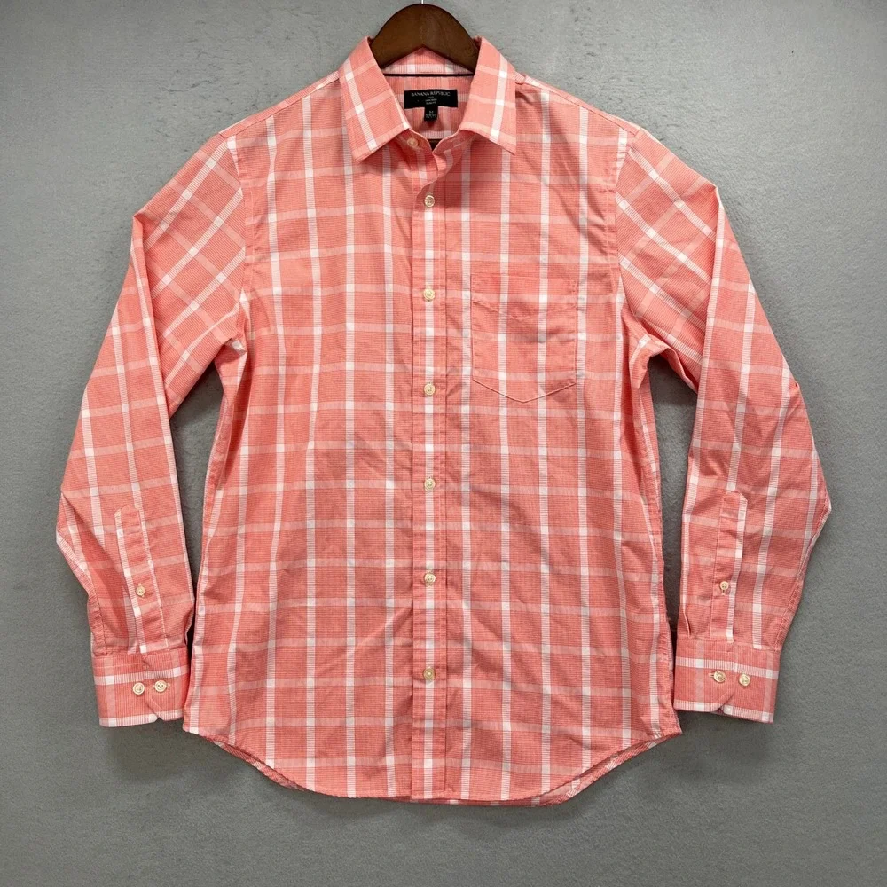 Banana Republic Button Up Shirt Mens M Orange White Slim Plaid Windowpane Dress